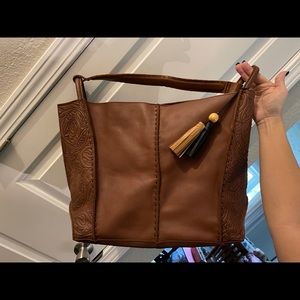 The Sak Los Feliz Leather Tote- teak leaf embossed